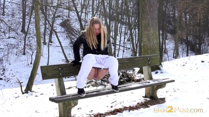 blonde pees on a bench in the winter.jpg